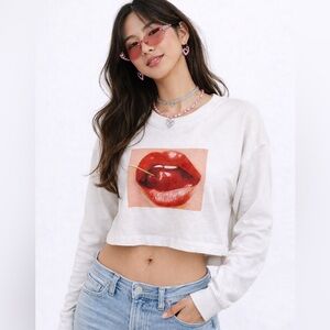 Forever 21 White Crop Top with Red Lip Graphic